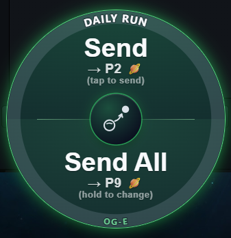 Przycisk Daily Run z dwoma strefami: góra „rozsyłka", dół „zbiórka".