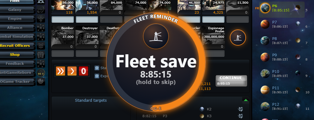 Przycisk „Fleet Reminder" w panelu Fleet1 — flota czeka na ponowną wysyłkę.