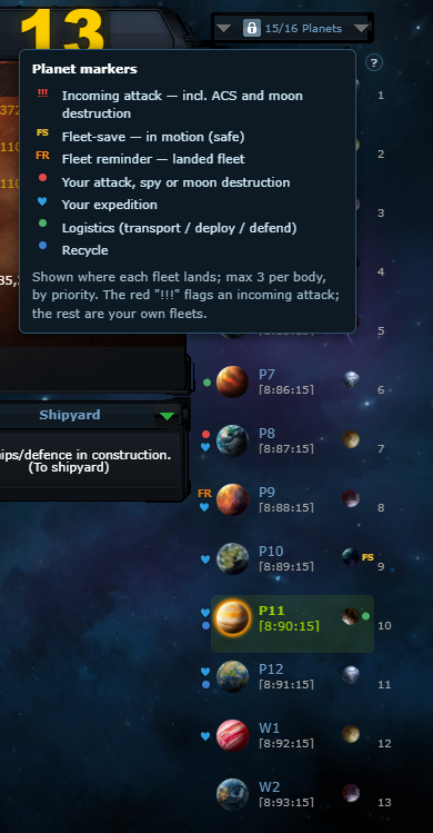 Legenda znaczników pod ikoną „?" nad listą planet.